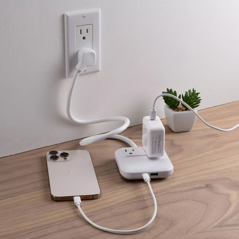 Compact Slim Power Strip with 2 AC Outlets and Dual USB Ports, 2ft Power Cord