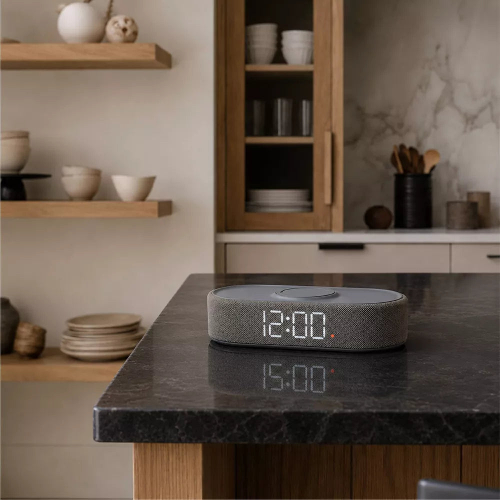Fabric Wrapped Digital Alarm Clock with Wireless Charging & USB-C Port