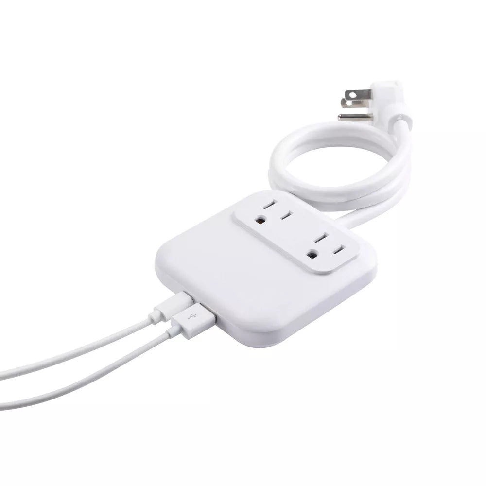 Compact Slim Power Strip with 2 AC Outlets and Dual USB Ports, 2ft Power Cord