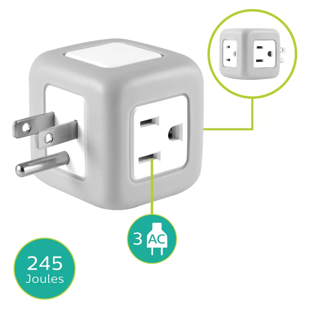 Cube-shaped 3-Outlet Surge Protected Wall Power Extender Adapter
