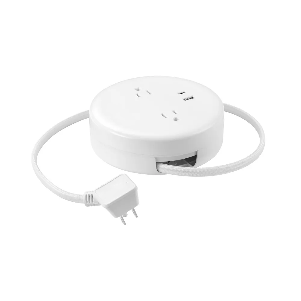 Round Retractable Power Hub with 2 AC Outlets & Built-In Retractable 6ft Cord