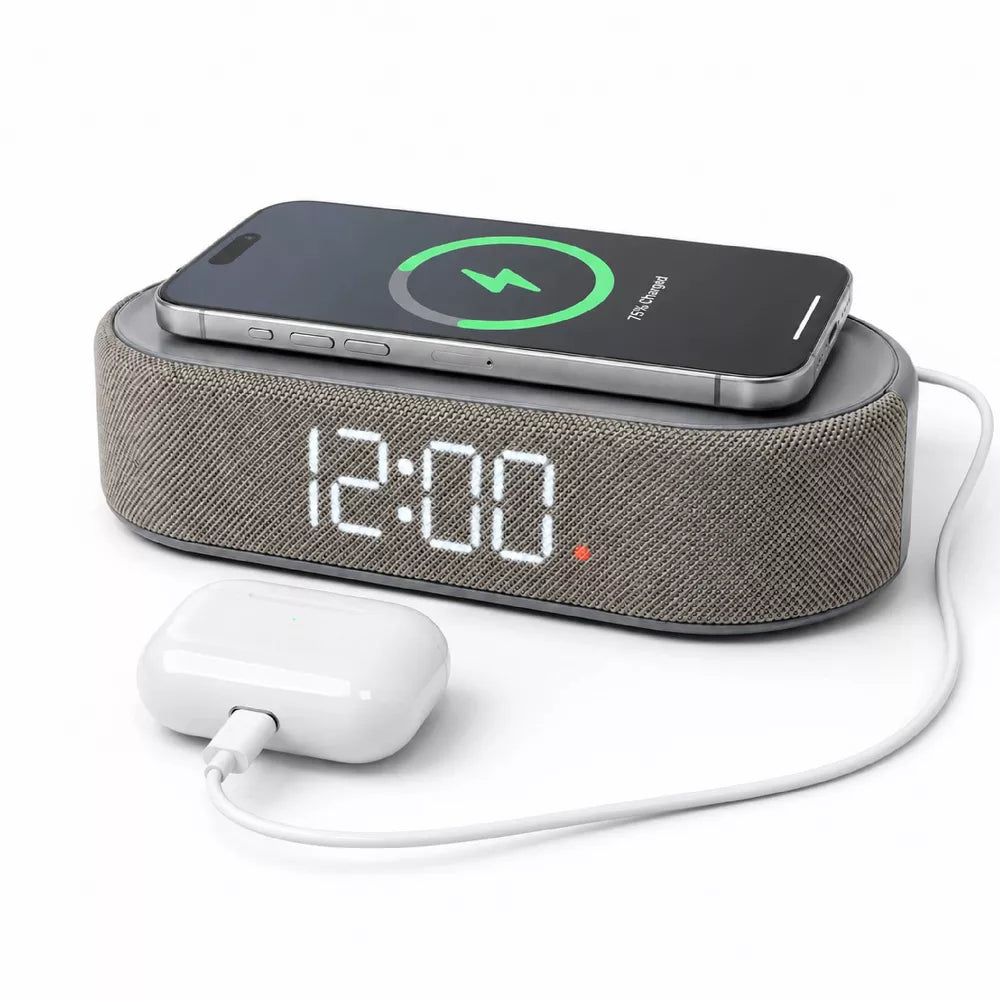 Fabric Wrapped Digital Alarm Clock with Wireless Charging & USB-C Port
