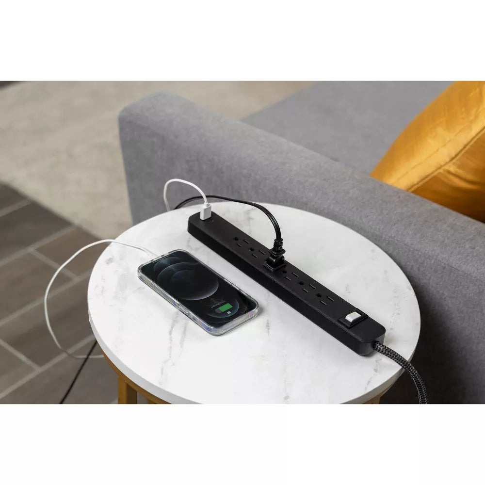 6-Outlet Power Strip with USB-A & USB-C Ports, 6ft Braided Power Cord