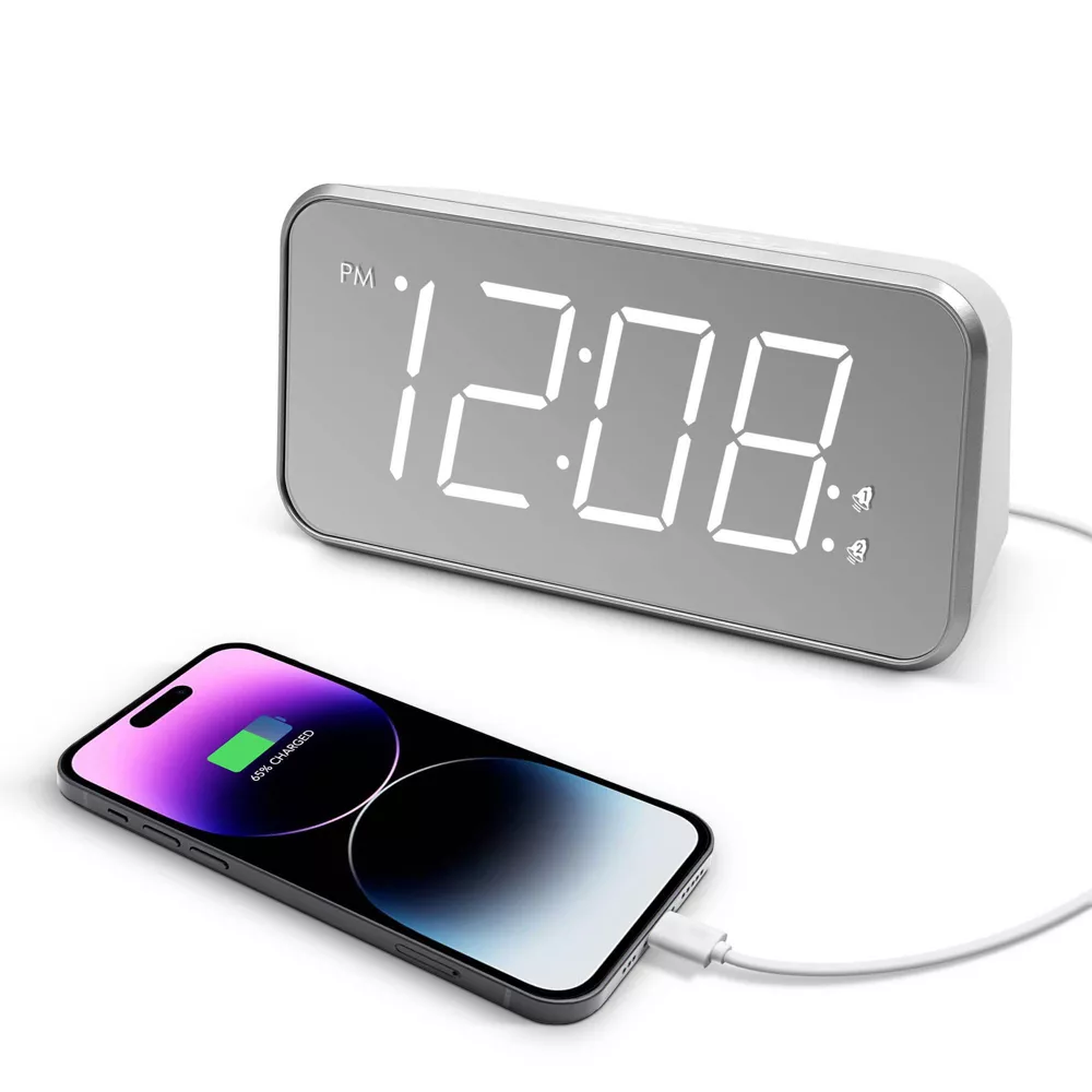 Mirror Surface Large LED Digital Alarm Clock with 2A USB Charging Port