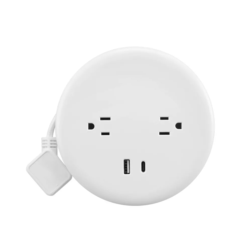 Round Retractable Power Hub with 2 AC Outlets & Built-In Retractable 6ft Cord